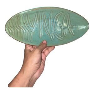 YMCA Ceramic Dish Serving Tray Teal Green Handcrafted Glaze Signed